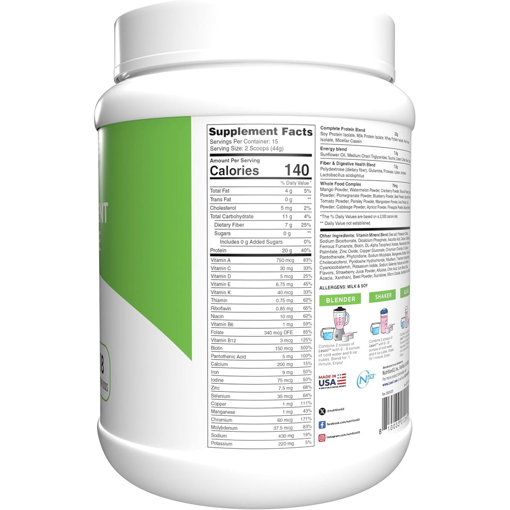 Lean1 Meal Replacement Protein Shake, Strawberry Flavor, 15 Serving Tub
