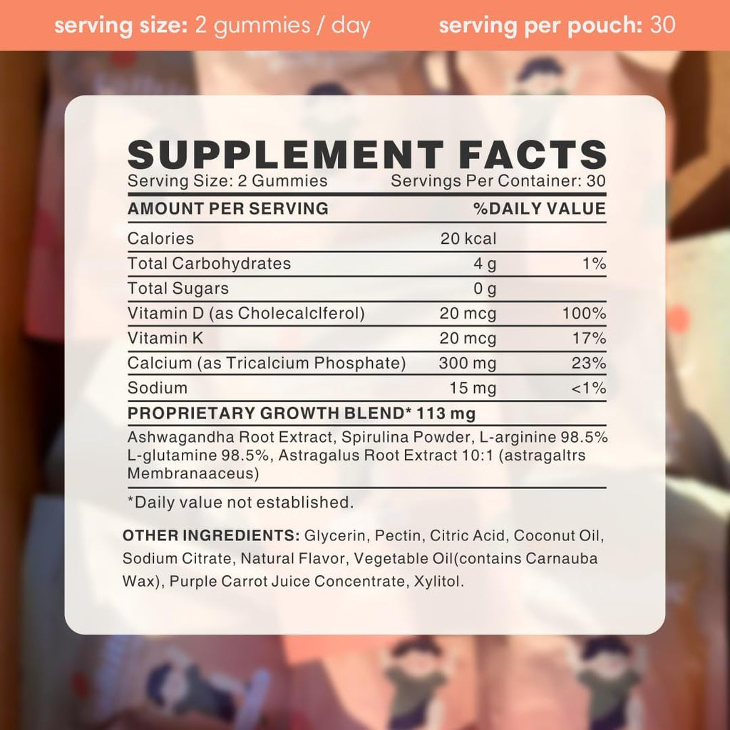 Talltitude Growth Gummies - Natural Height Support & Bone Strength Supplement for Kids & Teens with Vitamin D, Calcium, Ashwagandha, L-Arginine - 60 Gummies