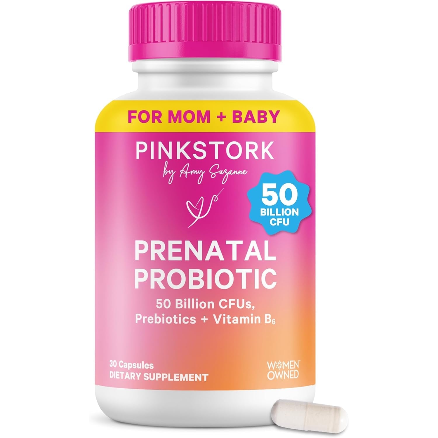 Pink Stork Prenatal Probiotic for Women with 50 Billion CFU | Vitamin B6 & Prebiotics | Pregnancy Probiotics for Morning Sickness | Digestive, Immune, & Gut Health | Vegan & Gluten-Free | 30 Capsules