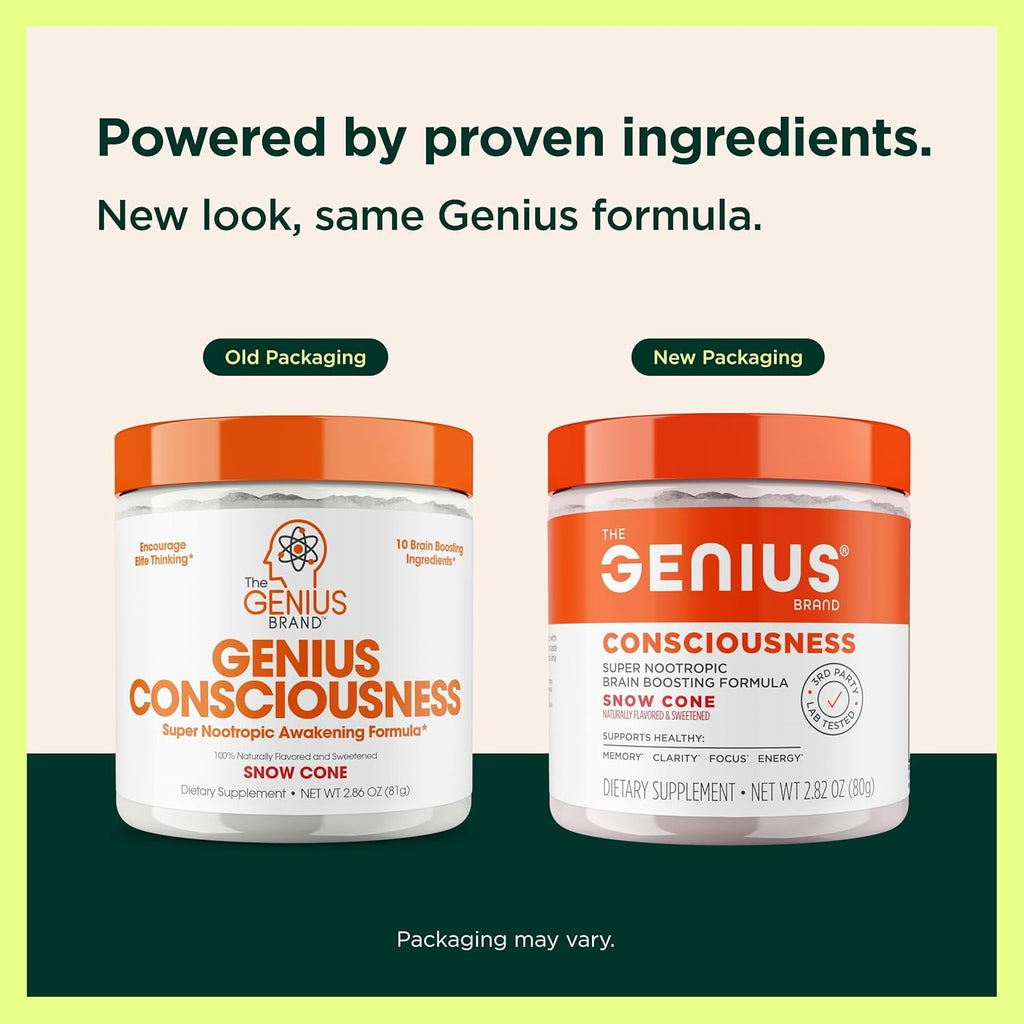 The Genius Brand Genius Consciousness - All-In-One Brain Health Supplement for Clarity - Supports Concentration, Creative Thinking, Energy & Memory - Powered by Nootropics - 15 Servings - Snow Cone