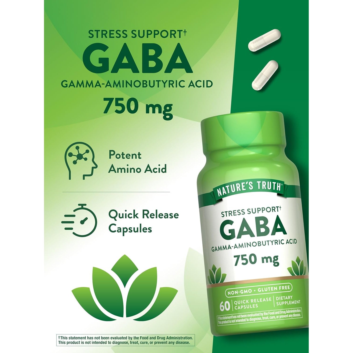 Nature'S Truth GABA 750Mg Capsules | 60 Count | Gamma Aminobutyric Acid Supplement | Non-Gmo & Gluten Free Supplement