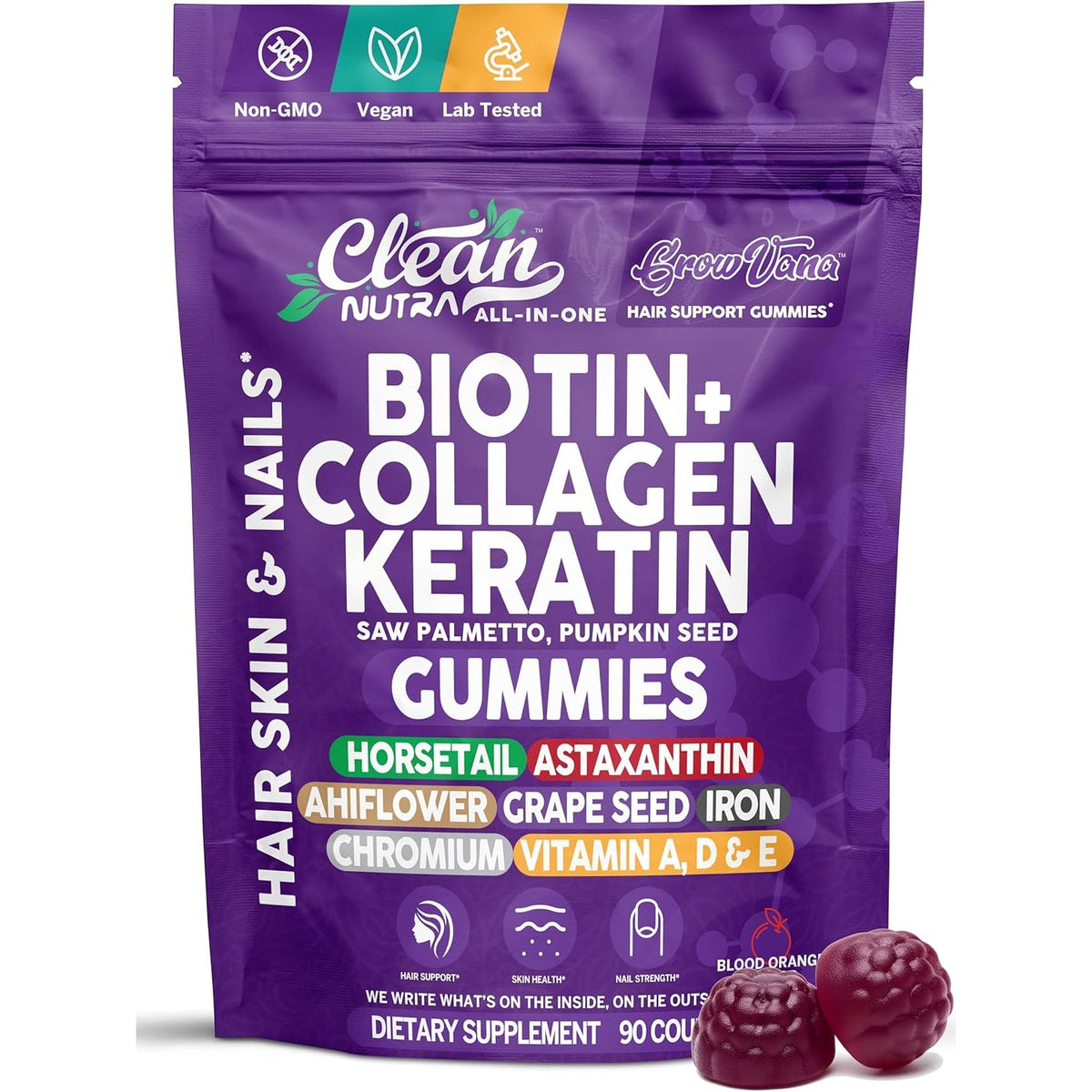 Growvana Hair Growth Gummies for Women Biotin Collagen Keratin Saw Palmetto Horsetail Astaxanthin Iron Zinc Pantothenic Acid Vitamin a D E Pumpkin Seed Ahiflower MSM Supplement by Clean Nutra 90 Count