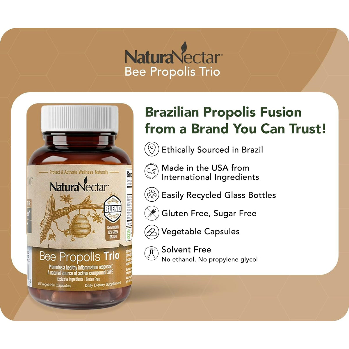 Naturanectar - Bee Propolis Trio Capsules, NSF Certified Premium Brazilian Propolis - Gluten-Free Supplements with More Diverse Flavonoids & PWE - Naturally Sourced through Ethical Beekeeping (60Pcs.)