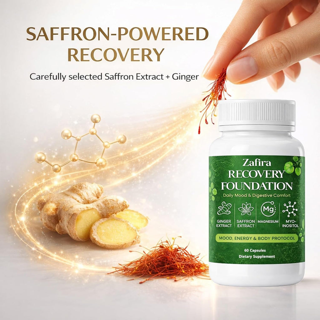 Zafira Recovery Foundation Capsules – Mental Clarity, Hair & Mood Support, Natural Herbal Formula with Saffron Extract, Ginger Extract, L-Theanine, Myo-Inositol, Non-Gmo, 60 Capsules