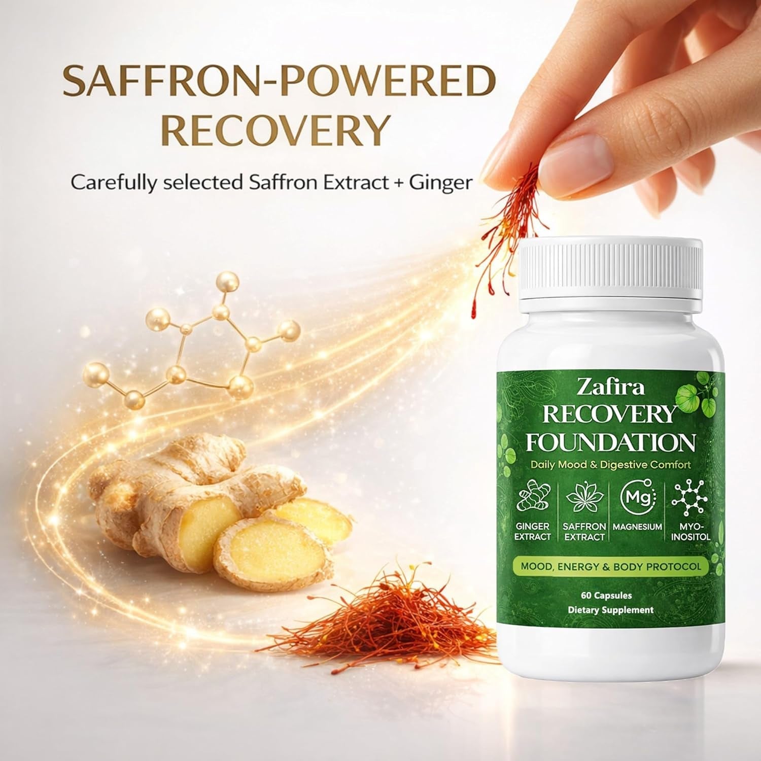 Zafira Recovery Foundation Capsules – Mental Clarity, Hair & Mood Support, Natural Herbal Formula with Saffron Extract, Ginger Extract, L-Theanine, Myo-Inositol, Non-Gmo, 60 Capsules