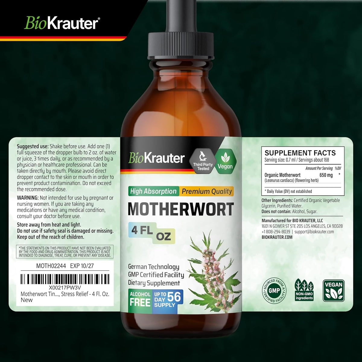 BIO KRAUTER® Perimenopause & Menopause Supplements for Women* - Vegan Motherwort Tincture 4 Fl.Oz 56-Day Supply for Natural Calm & Women'S Wellness - Alcohol & Sugar Free - 650 Mg per Serving