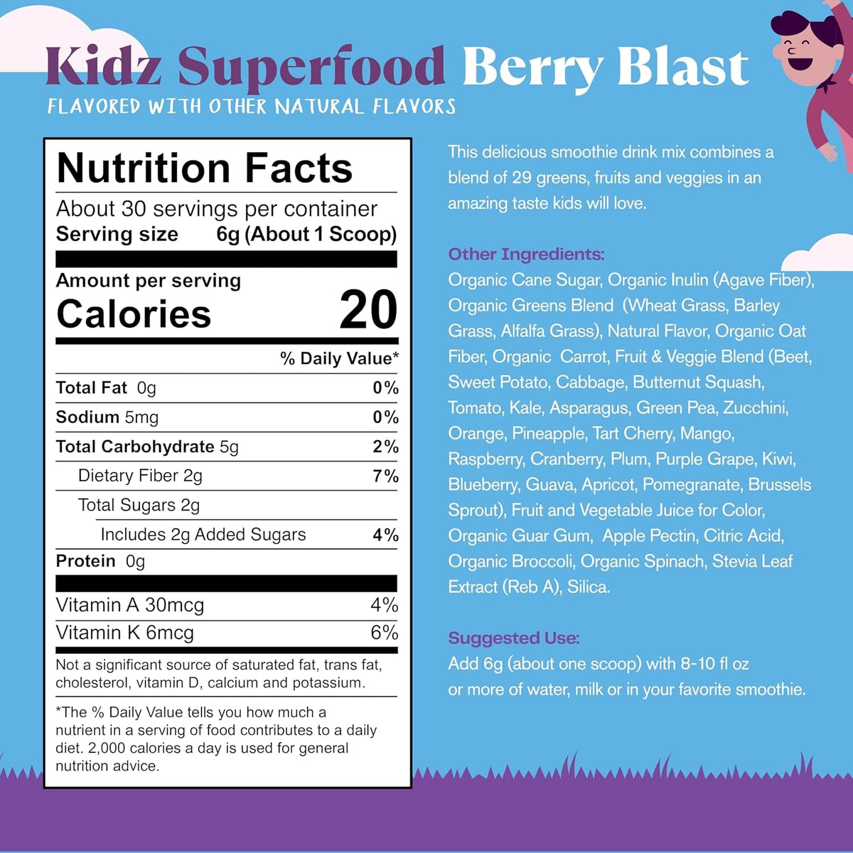 Amazing Grass Kidz Superfood: Organic Greens, Fruits, Veggies, Beet Root Powder & Probiotics for Healthy Kids, Berry Blast, 30 Servings