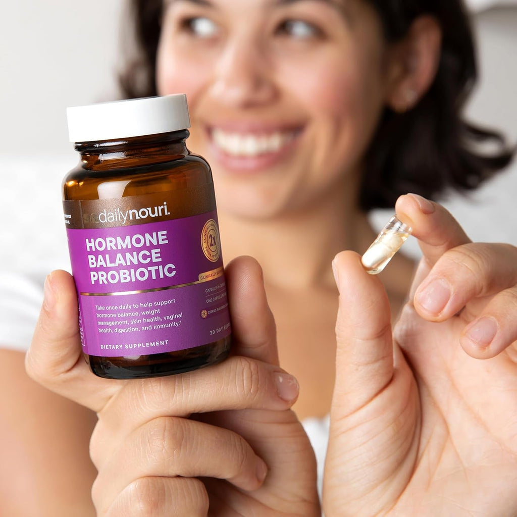 Daily Nouri Hormone Balance Probiotics for Women | Supports Estrogen Metabolism, PMS, Hormonal Acne & Bloating | 7 Clinically Studied Strains + Plant-Based Omega | 30-Day Supply