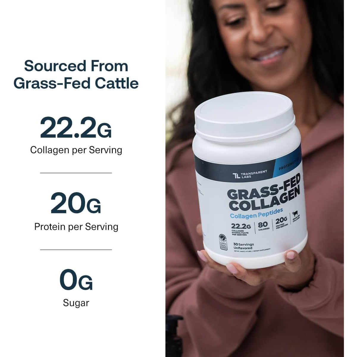 Grass-Fed Collagen Peptides Powder - Unflavored Collagen Powder for Women & Men, 22G Grassfed Bovine Hydrolyzed Collagen Peptides per Serving for Skin, Hair, Bones & Muscle Recovery - 30 Servings