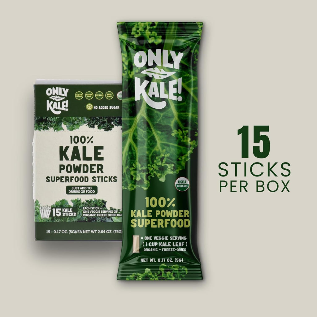 Onlykale™ Kale Powder - 1 Month Supply (15 Sticks) - Organic Green Superfood - USDA Organic, Clean Greens for Smoothies & Juices, Single-Serving Sticks