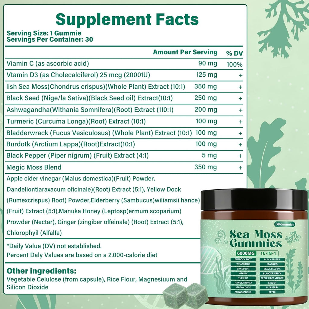 Sea Moss Gummies,16-In-1,Bladder Wrack Turmeric Vitamin C & D3 with Manuka Burdock,30 Gummies