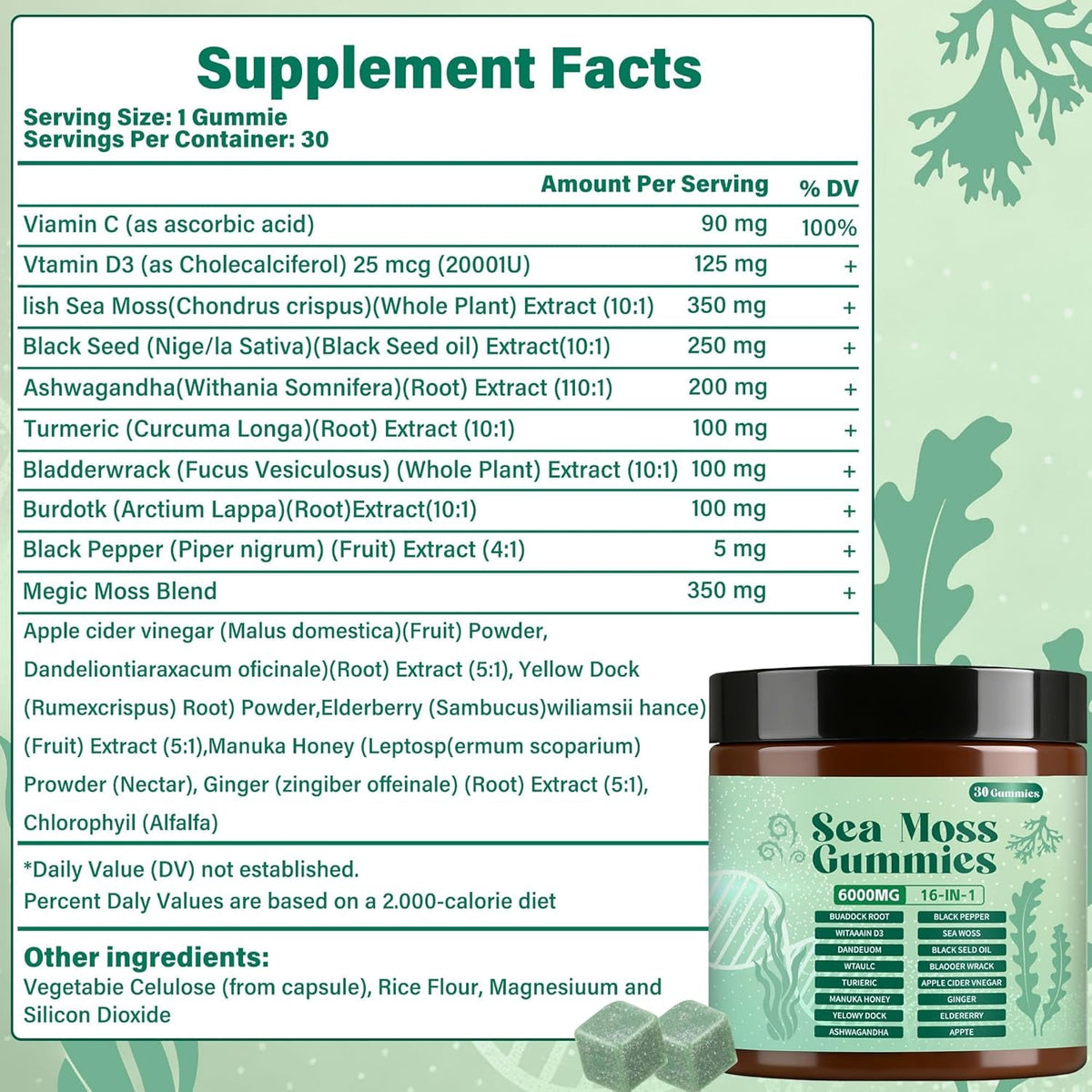 Sea Moss Gummies,16-In-1,Bladder Wrack Turmeric Vitamin C & D3 with Manuka Burdock,30 Gummies