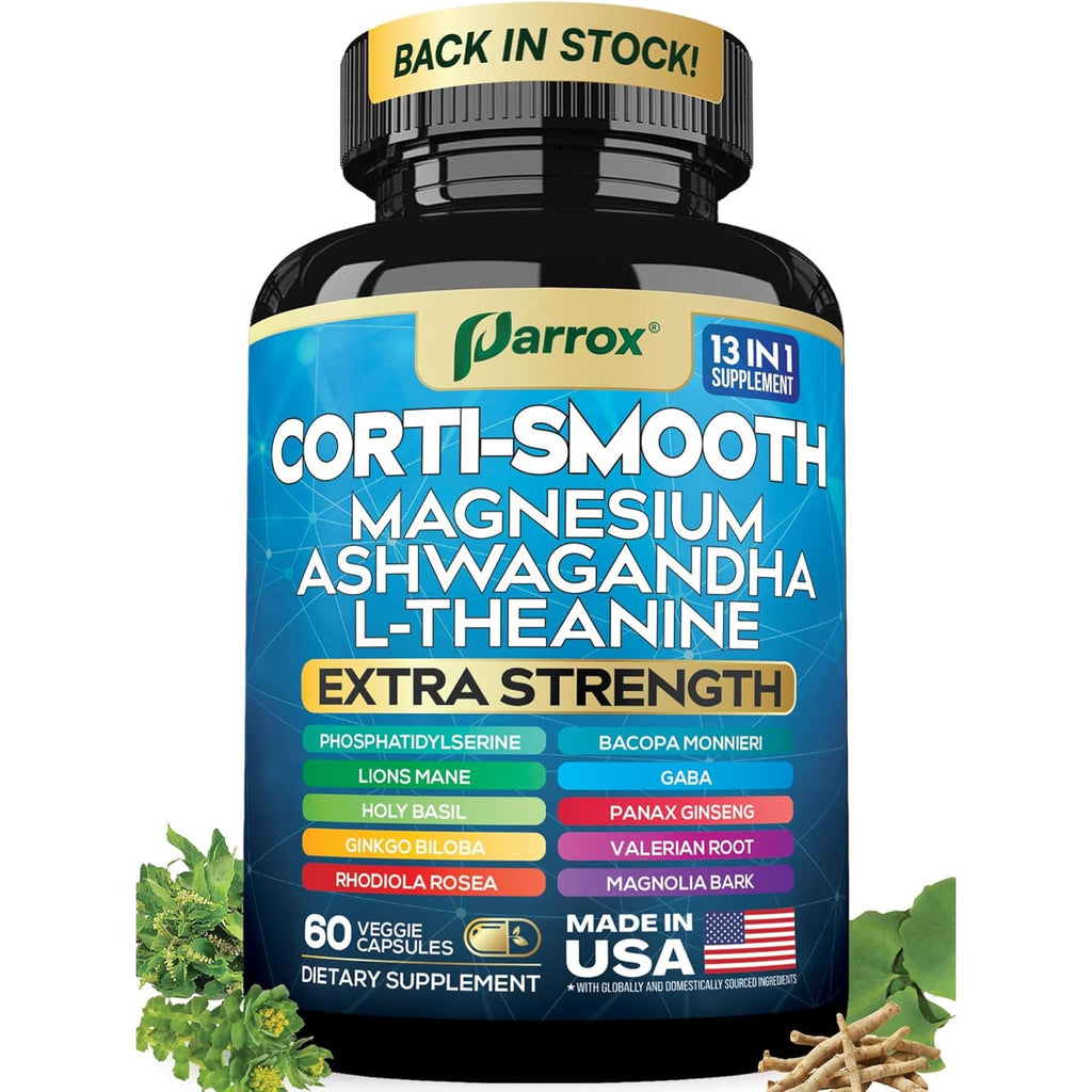 Corti-Smooth Cortisol Supplement Magnesium, L-Theanine, Ashwagandha, Phosphatidylserine, Valerian Root, Lions Mane, Bacopa Monnieri, Ginkgo Biloba, Panax Ginseng, Magnolia Bark, GABA (60 Caps)