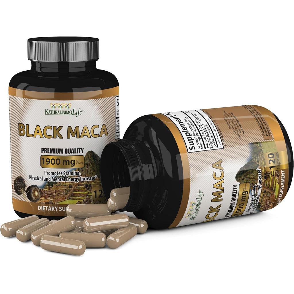Organic Black Maca 1,900 Mg per Serving Natural Energy Booster Peruvian Maca for Men & Women 120 Capsules