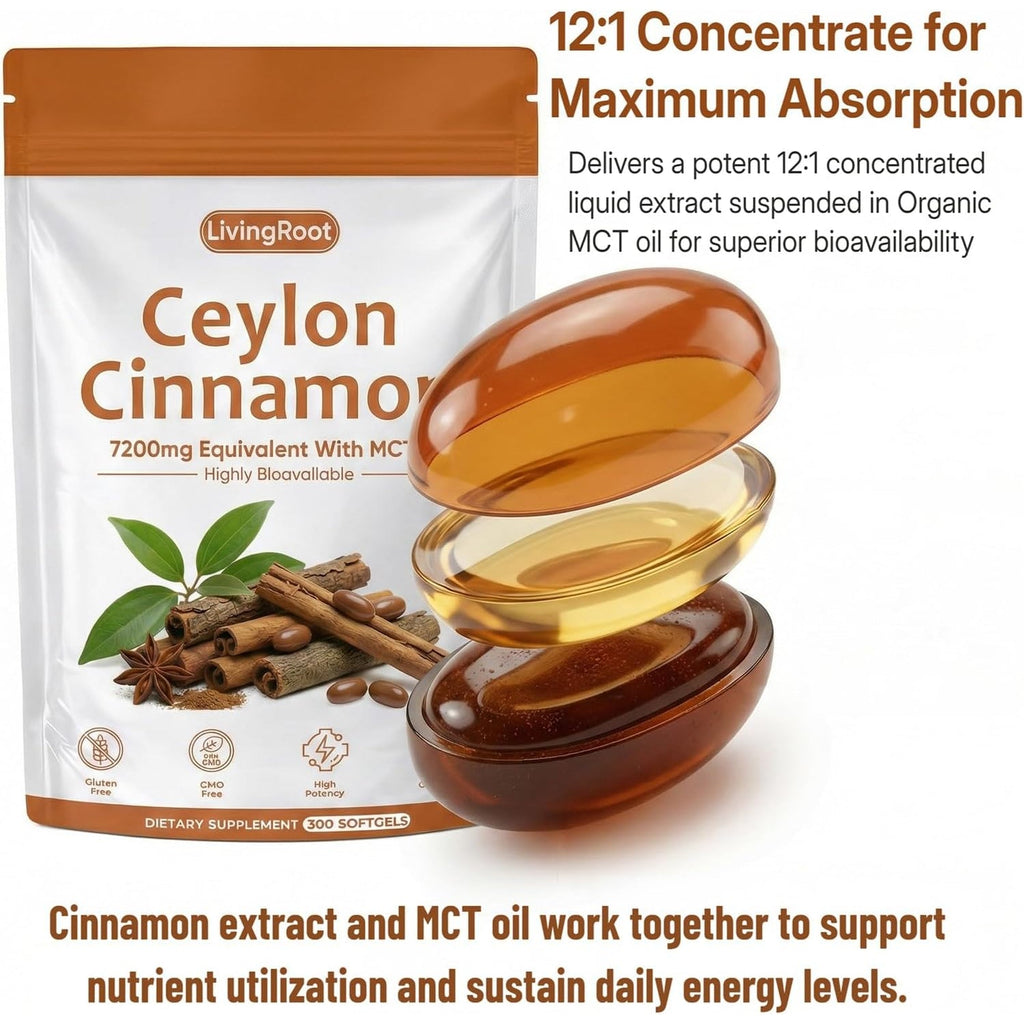 Living Root Ceylon Cinnamon - 300 Softgels 7200Mg Equivalent with MCT Oil, Livingroot Organic Ceylon Cinnamon Powder Supplement for Supports Metabolism, Liver Function & Energy (1)