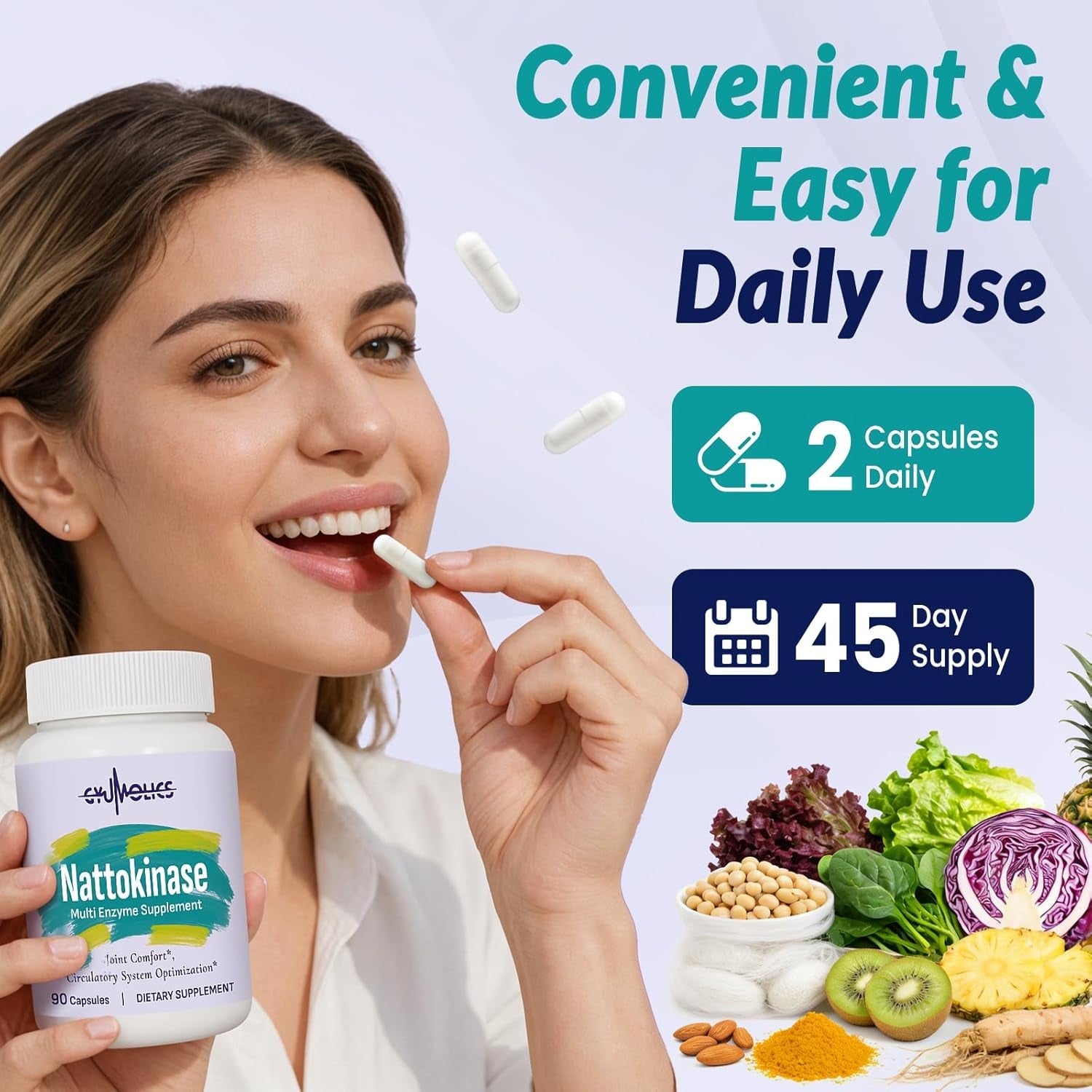 Nattokinase Supplement 10000FU with Organic Nattokinase, Serrapeptase, Bromelain, Curcumin, Vitamin E & Ginseng, Movement Comfort, 90 Capsules