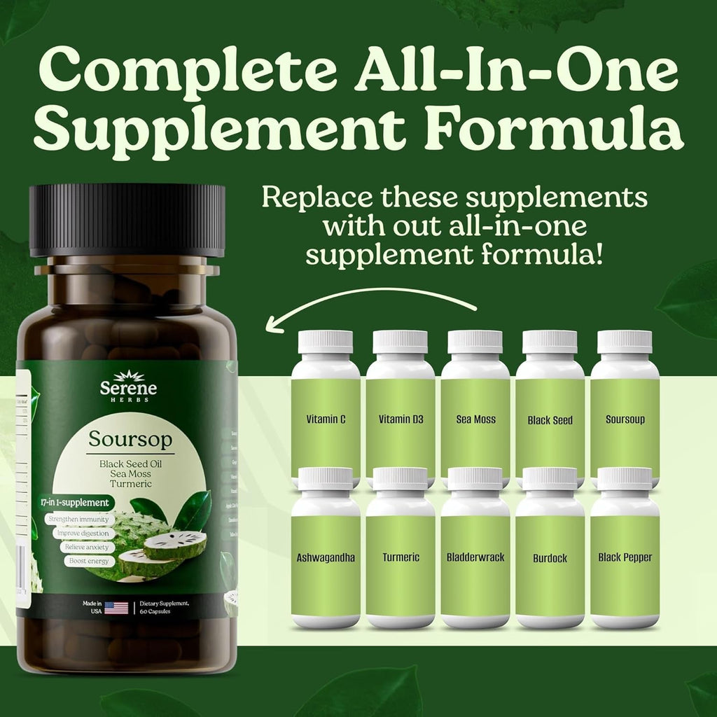 Serene Herbs 17-In-1 Sea Moss Capsules with Irish Seamoss, Black Seed Oil, Ashwagandha, Turmeric & Bladderwrack - Advanced Immunity, Energy & Gut Support - Natural Herbal Supplement - 60 Count