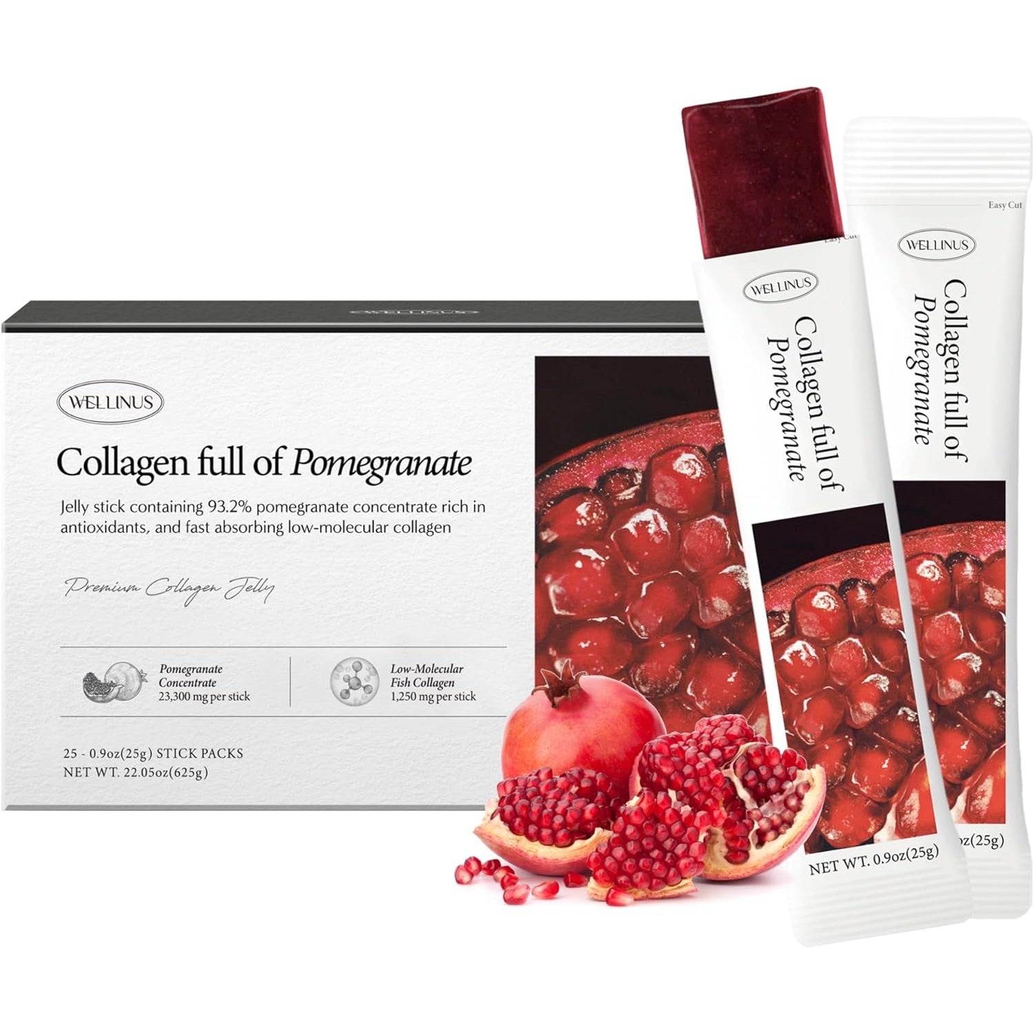 WELLINUS Korean Marine Collagen Jelly Sticks – Pomegranate Marine Collagen Peptides for Glowing Skin, Hair & Nails, Anti-Aging Beauty Supplement, Sugar-Free, Halal & Gmo-Free, 25 Travel Packs