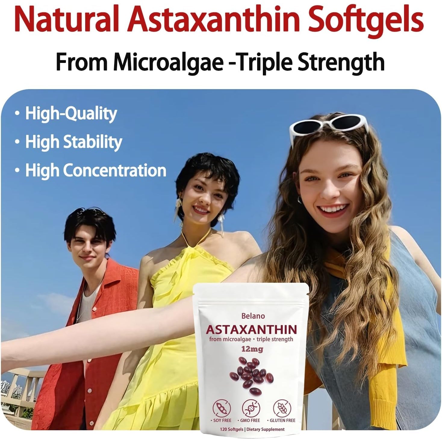 BELANO Valasta Astaxanthin，Zeria Astaxanthin12Mg，Easy to Swallow, Non-Gmo，4-Month Supply，120 Softgels
