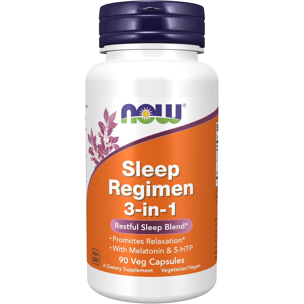 NOW Foods Supplements, Sleep Regimen 3-In-1, with Melatonin, 5-HTP and L-Theanine, Restful Sleep Blend*, 90 Veg Capsules