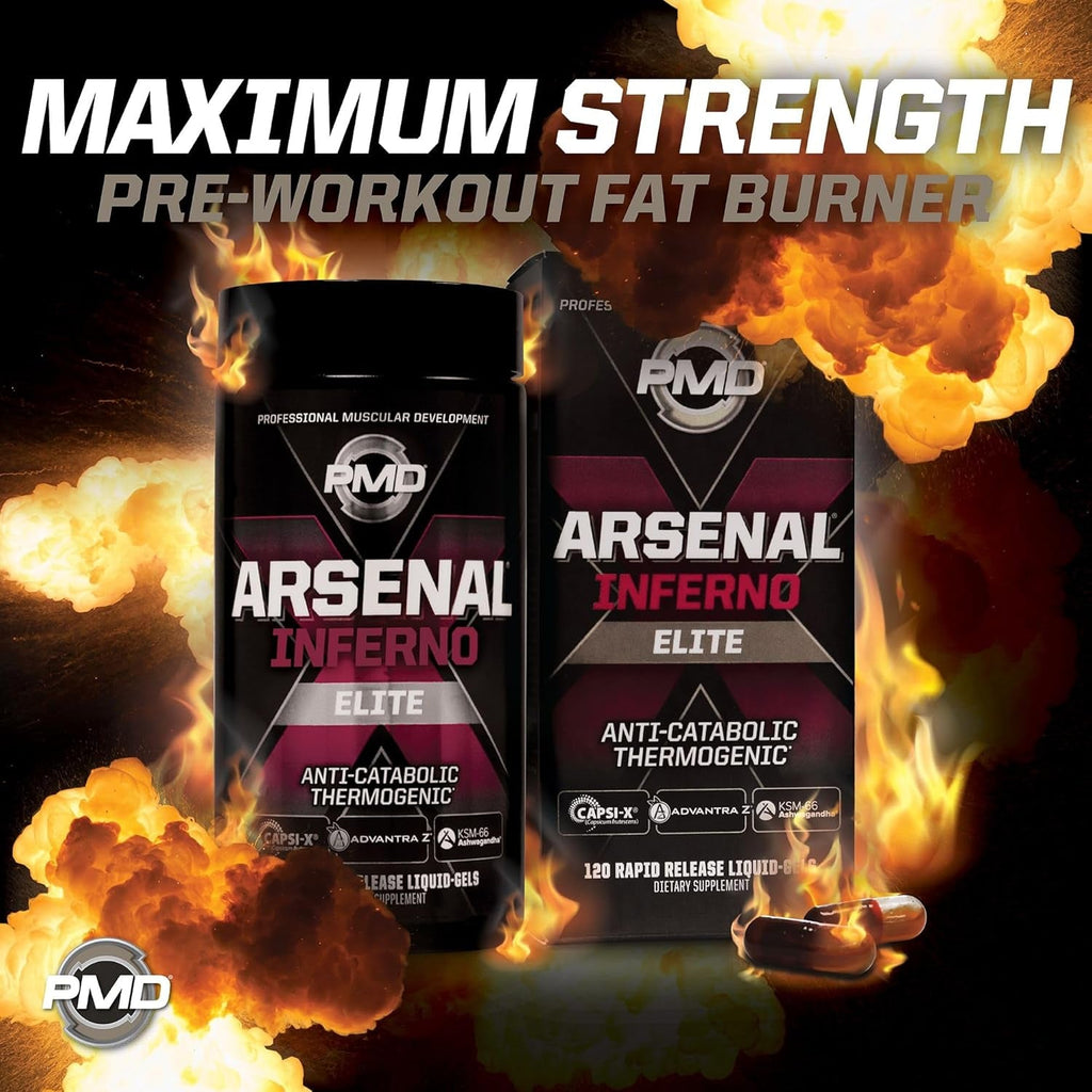PMD Sports Arsenal X Inferno Superior Fast-Acting Liquid Gel Thermogenic Dietary Supplement - Fat Burner and Muscle Maintenance - Increase Metabolism and Energy Booster - 120 Liquid Gels