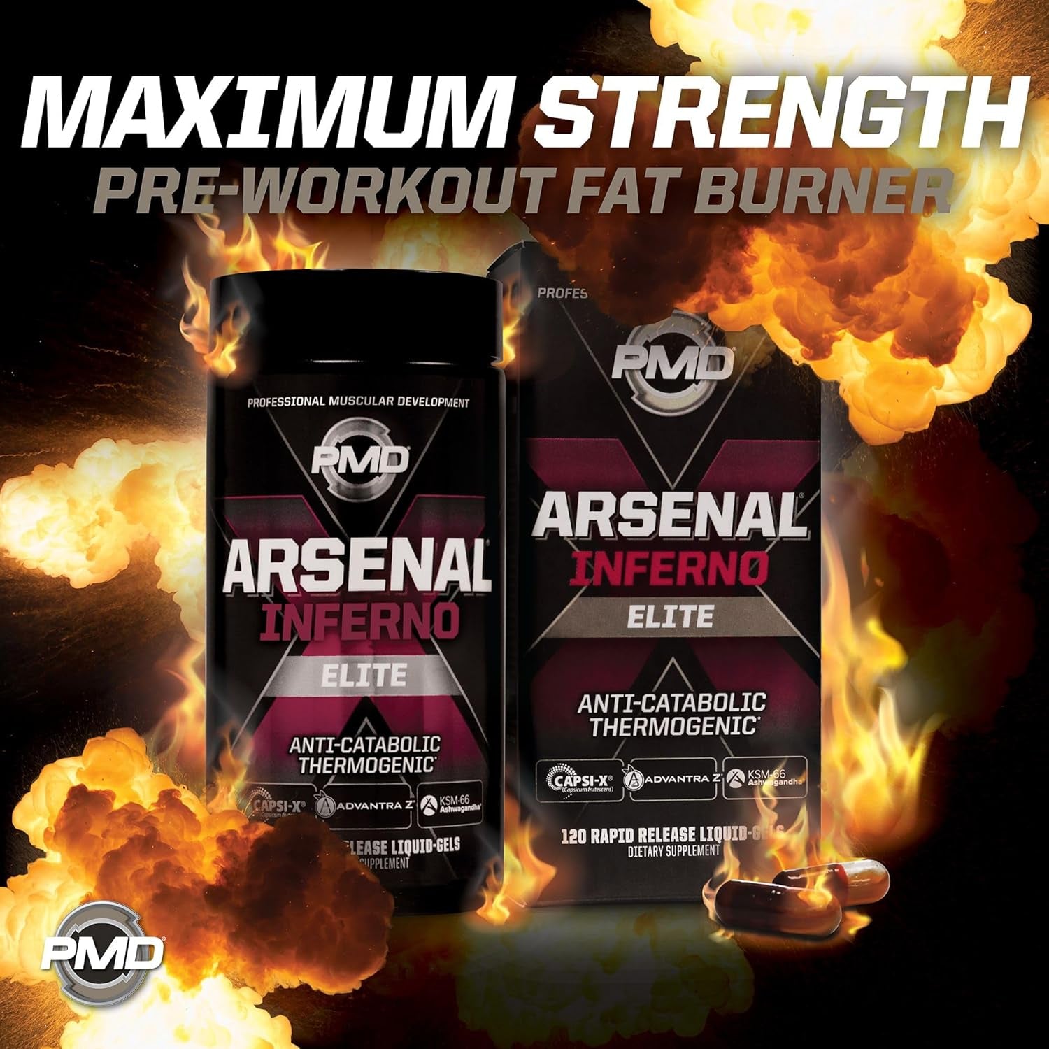 PMD Sports Arsenal X Inferno Superior Fast-Acting Liquid Gel Thermogenic Dietary Supplement - Fat Burner and Muscle Maintenance - Increase Metabolism and Energy Booster - 120 Liquid Gels