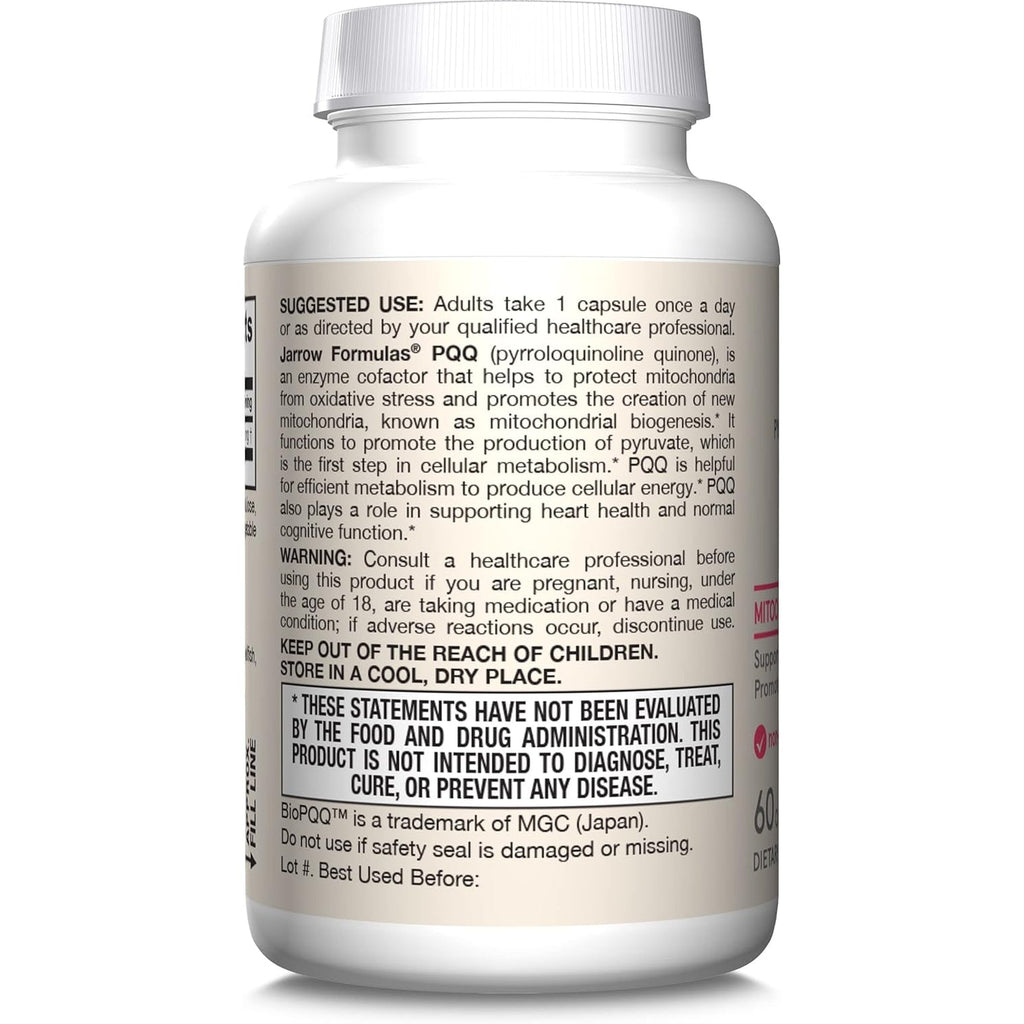 Jarrow Formulas® PQQ 20 Mg, Dietary Supplement, Heart, Brain, and Metabolism Support, 60 Veggie Capsules, 60 Day Supply
