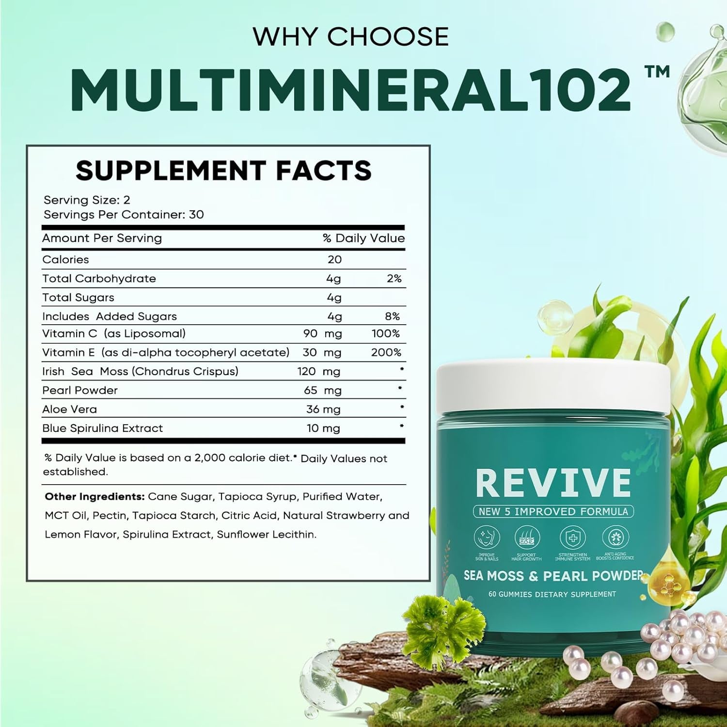 Revive Hair Gummies, Balmbare Revive Gummies for Hair, Promotes Thicker, Fuller, Stronger Hair, with Organic Irish Sea Moss, Pearl Powder Glow, Vitamin C/E, Aloe Vera, 60 Count