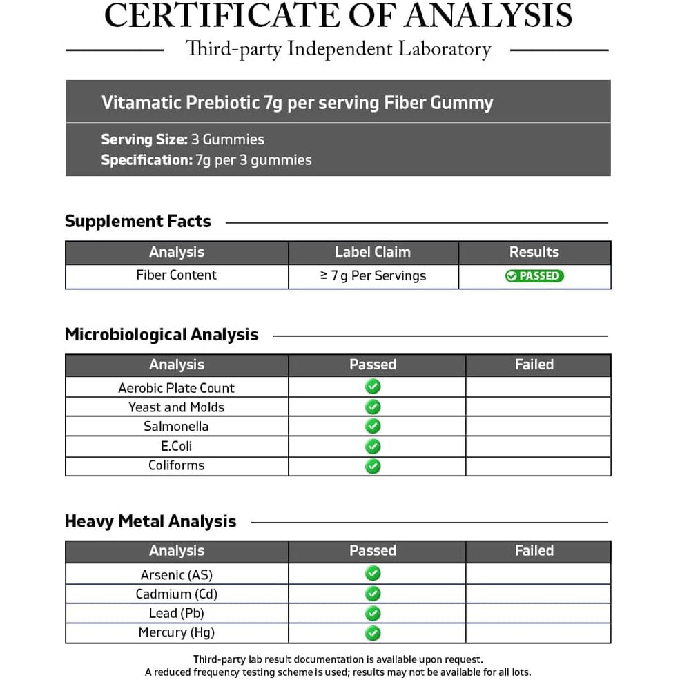 Vitamatic Prebiotic Fiber Gummies for Adults, 7G Extra Strength, Zero Sugar Added, 240 Pectin Based Gummies, Digestive Health & Regularity Support
