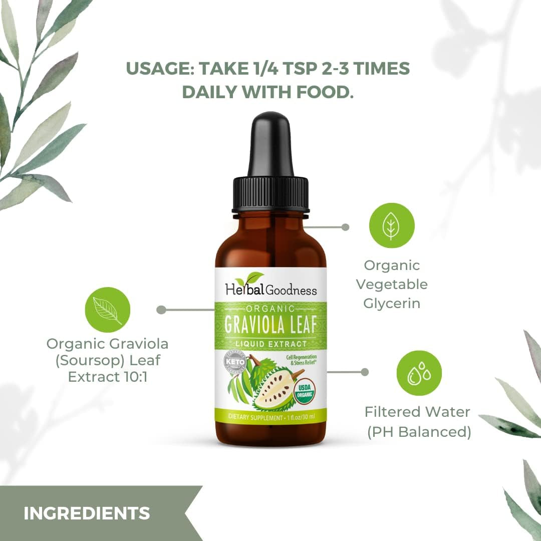 Herbal Goodness Organic Soursop Graviola Leaf Extract 1Oz – 15X Concentrated Guanabana Liquid Tincture | USDA Organic & Kosher Certified | Supports Cell and Immune Wellness | Soursop Bitters Liquid