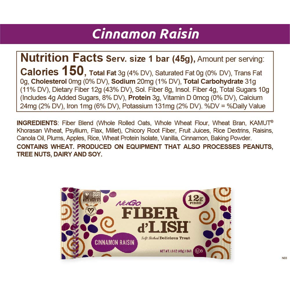 Nugo Fiber D'Lish Cinnamon Raisin, 12G High Fiber, Vegan, 150 Calories, 16 Count