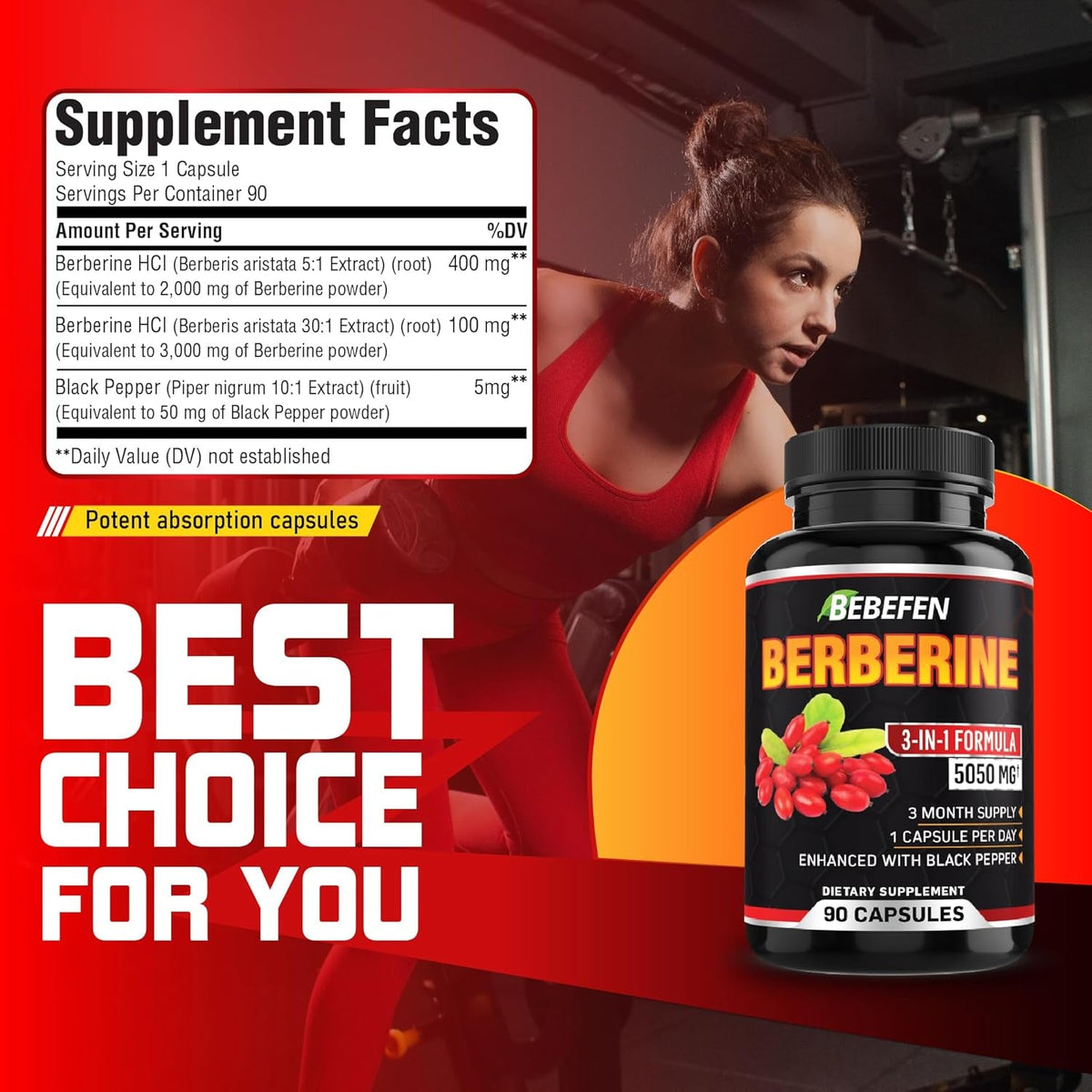 BEBEFEN Berberine Capsules with Black Pepper Extract - 90 Capsules - 3 Month Supply