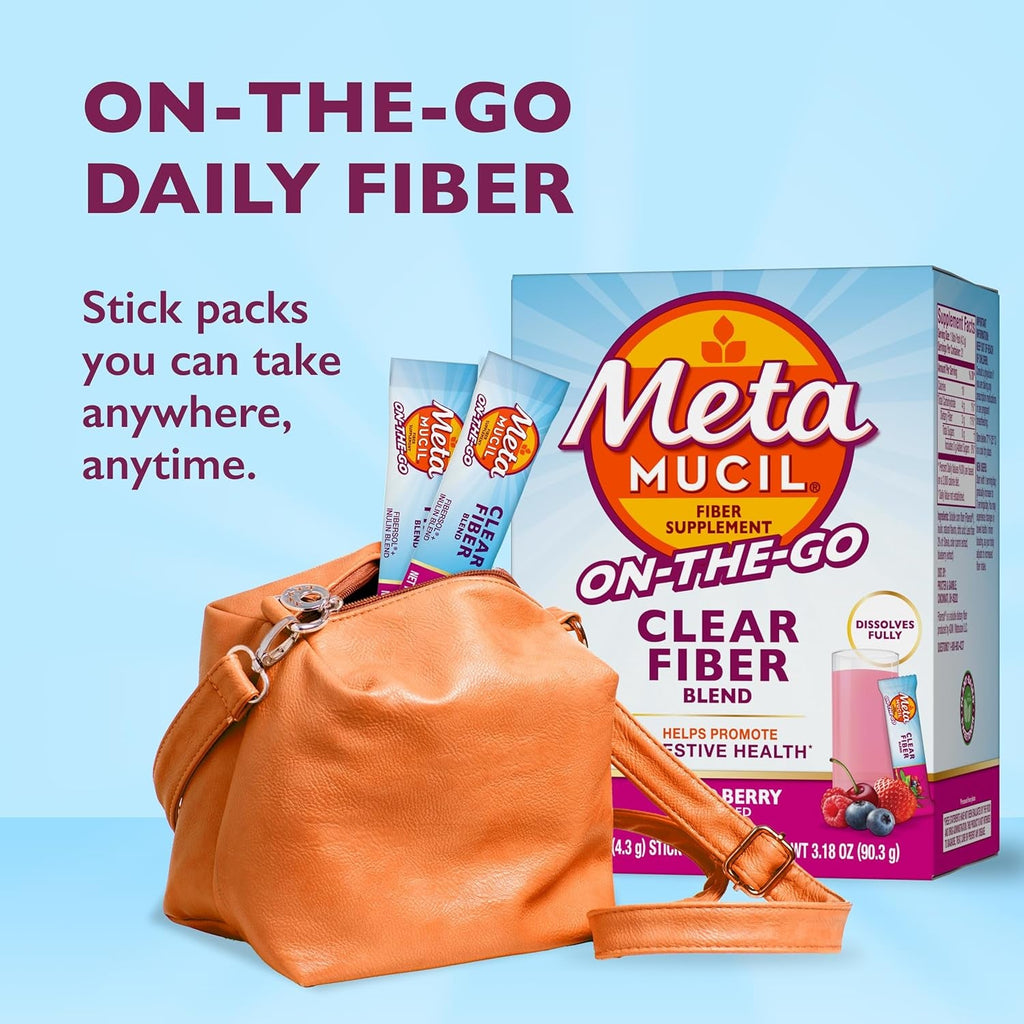 Metamucil Fiber Supplement, Clear Mixing Fiber Powder Stick Packs, Mixed Berry Flavor, on the Go, Plant Based Prebiotic Fiber Supplement Blend for Daily Digestive Health, 21 Stick Packs