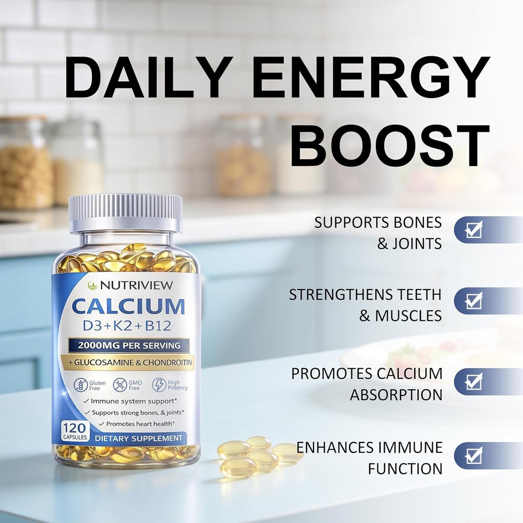 Nutriview Calcium 2000Mg with D3 & K2 - High Absorption Bone Health Supplement for Women, Non-Gmo, 120 Softgels（1Pc）