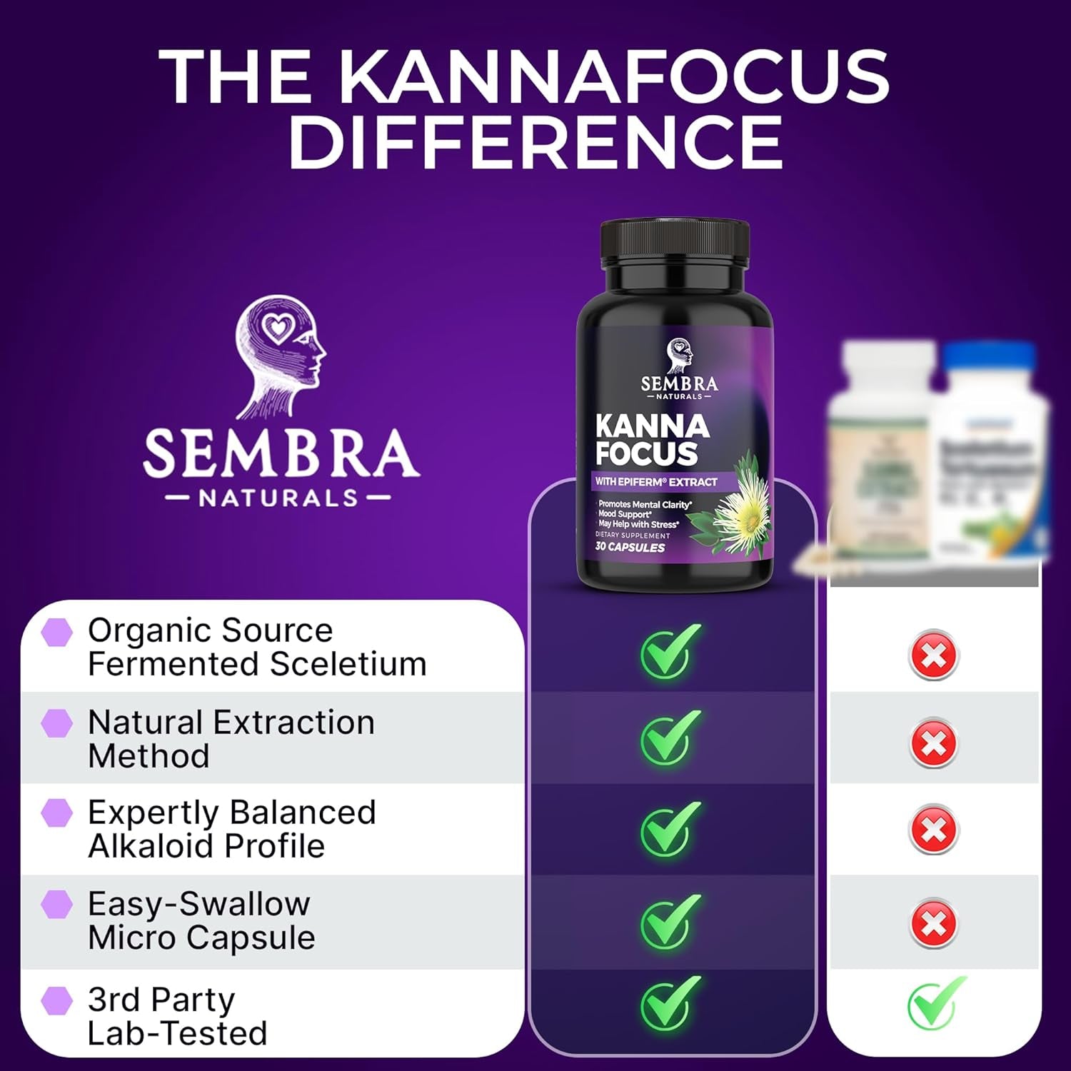 KANNAFOCUS - Natural Kanna Extract 50Mg, Fermented Sceletium Tortuosum & Bioperine® - Focus, Mood & Mental Wellness Support - Herbal Nootropic for Daily Clarity & Energy - 30 Capsules