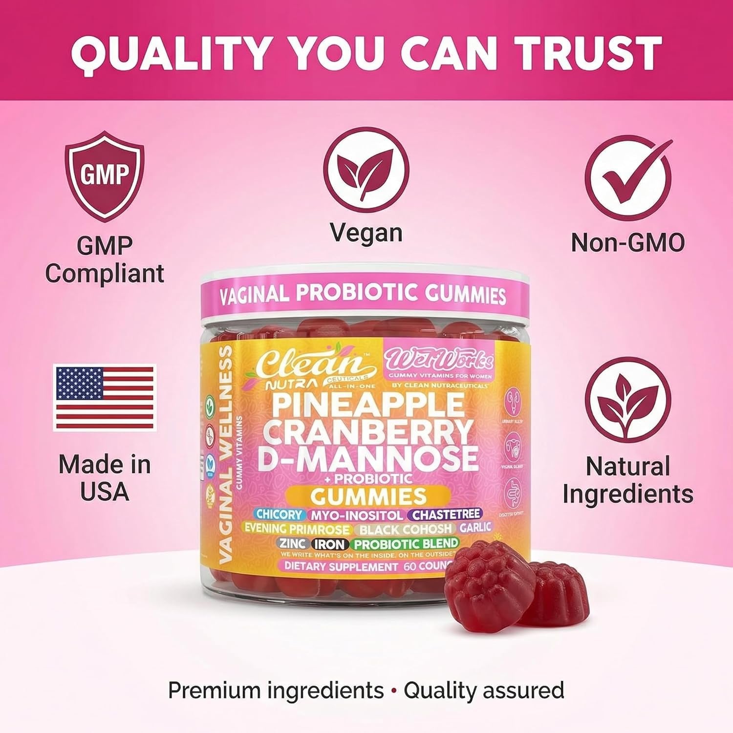 Wet Works Women'S Vaginal Probiotic Gummies Pineapple Cranberry Folic Acid D-Mannose Vitamin C Chicory Myo Inositol Garlic Black Cohosh Zinc Iron Evening Primrose Chastetree 60 Count by Clean Nutra
