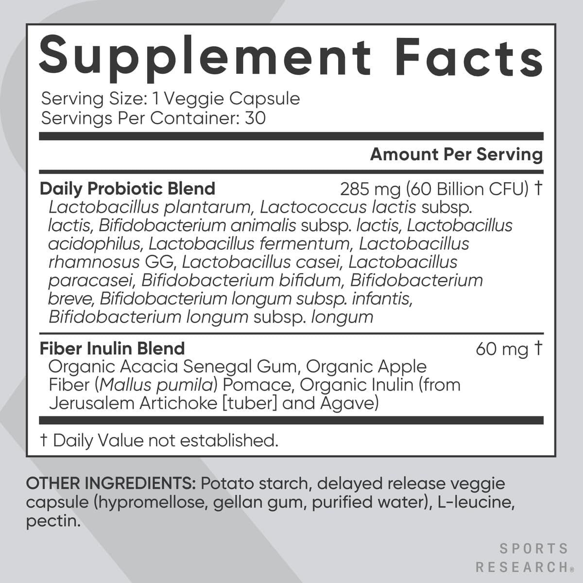 Sports Research Daily Probiotics with Prebiotics, 60 Billion CFU - Vegan Capsules for Gut Health & Digestive Support, Probiotics for Women & Men - Non-Gmo Verified & Gluten Free - 30 Count