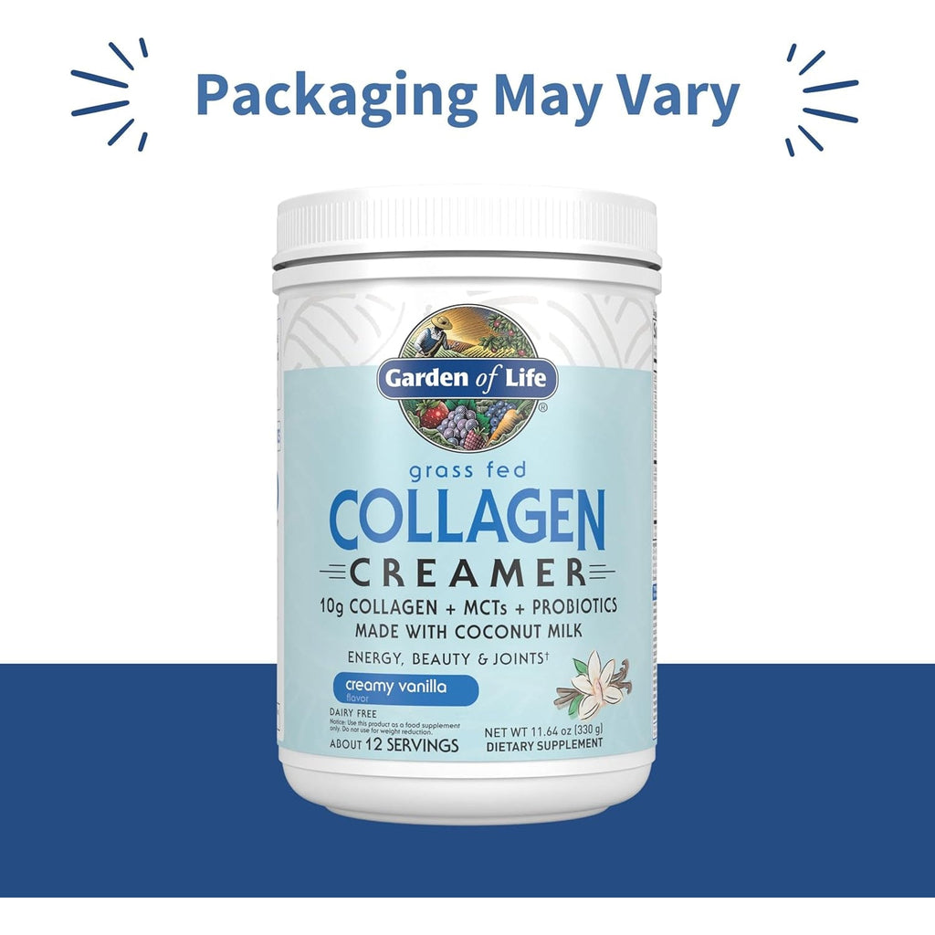 Garden of Life Grass Fed Collagen Creamer Powder - Creamy Vanilla, 12 Servings, Powder for Coffee Energy Beauty Joints, Collagen Peptides with Coconut Mcts, Keto Protein Supplements