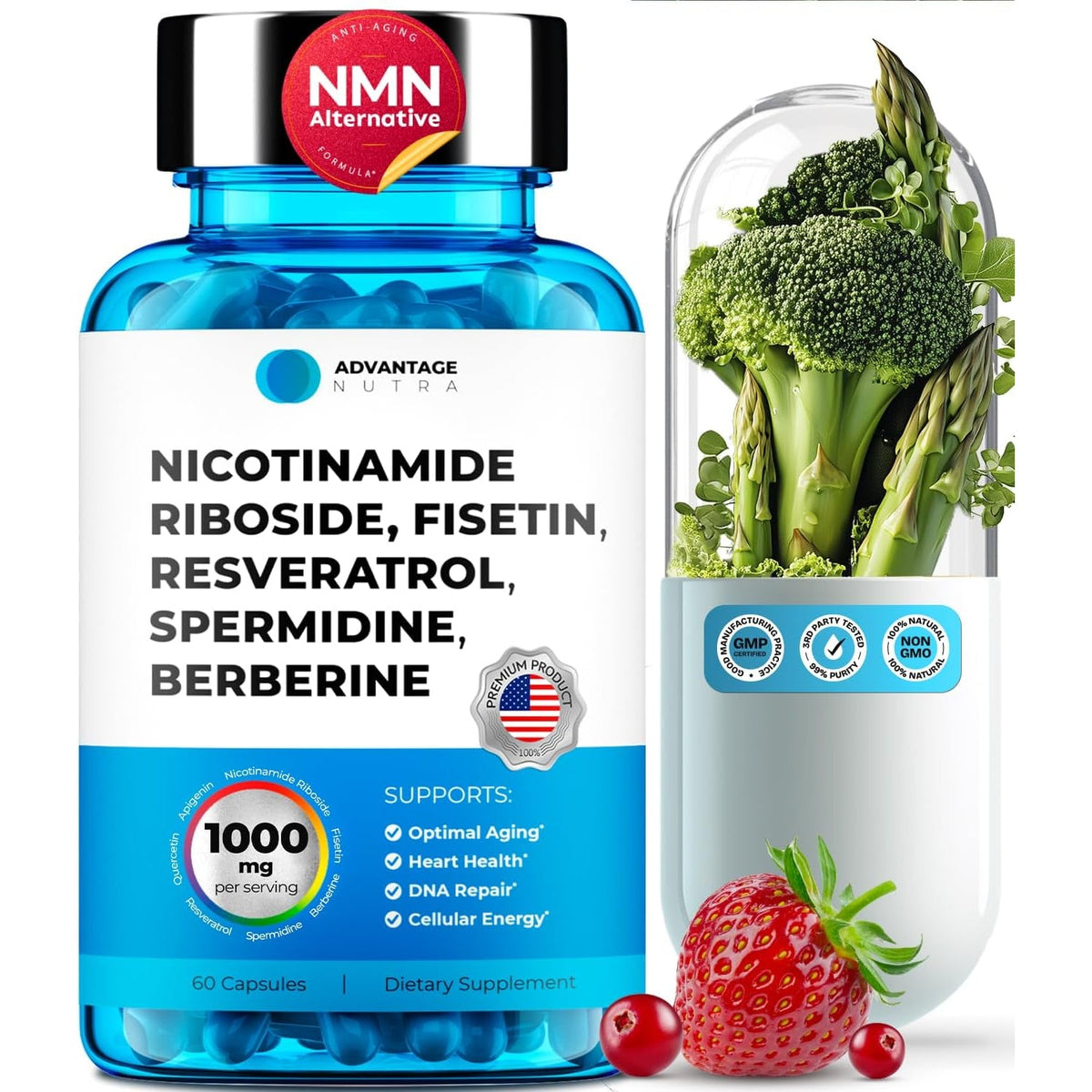 Liposomal Nicotinamide Riboside NR Supplement Resveratrol NAD : Nicotinamide 500Mg W/Fisetin, Resveratrol Powder Spermidine Berberine NAD Resveratrol Supplement 500 Mg - 60 Caps 1 Pack