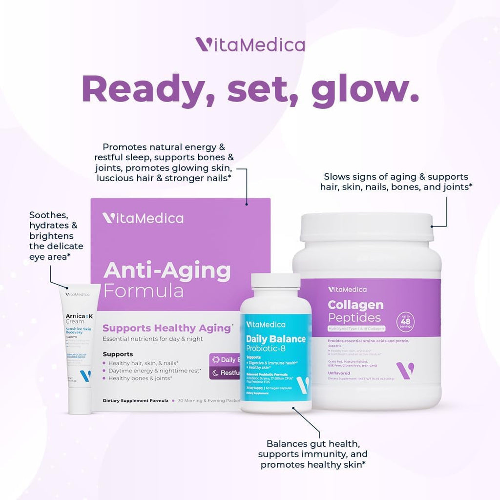 Vitamedica Anti-Aging Formula AM/PM Multivitamin Packets for Women & Men – Supports Radiant Skin, Hair & Nails, Daytime Energy + Nighttime Recovery – 30 Packs