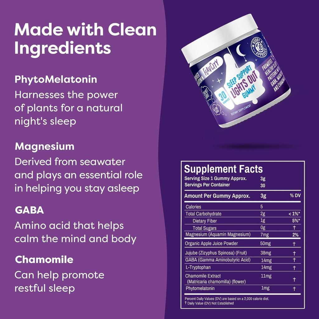 Flavcity Melatonin Sleep Gummies for Adults, Lights Out Gummy - Chewable Sleep Support Supplement with Plant-Based GABA, Magnesium & Chamomile for Deep & Restful Bedtime, 30-Day Supply