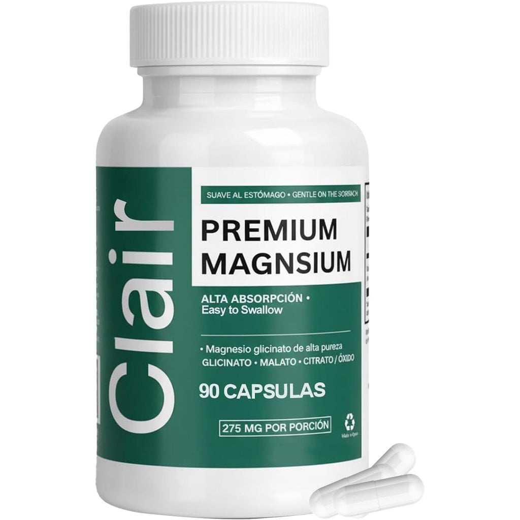 Clair Magnesio Premium, Premium Magnesium Glycinate, Non-Gmo Ingredients, Daily Routine, Vegan-Friendly 90 Capsules