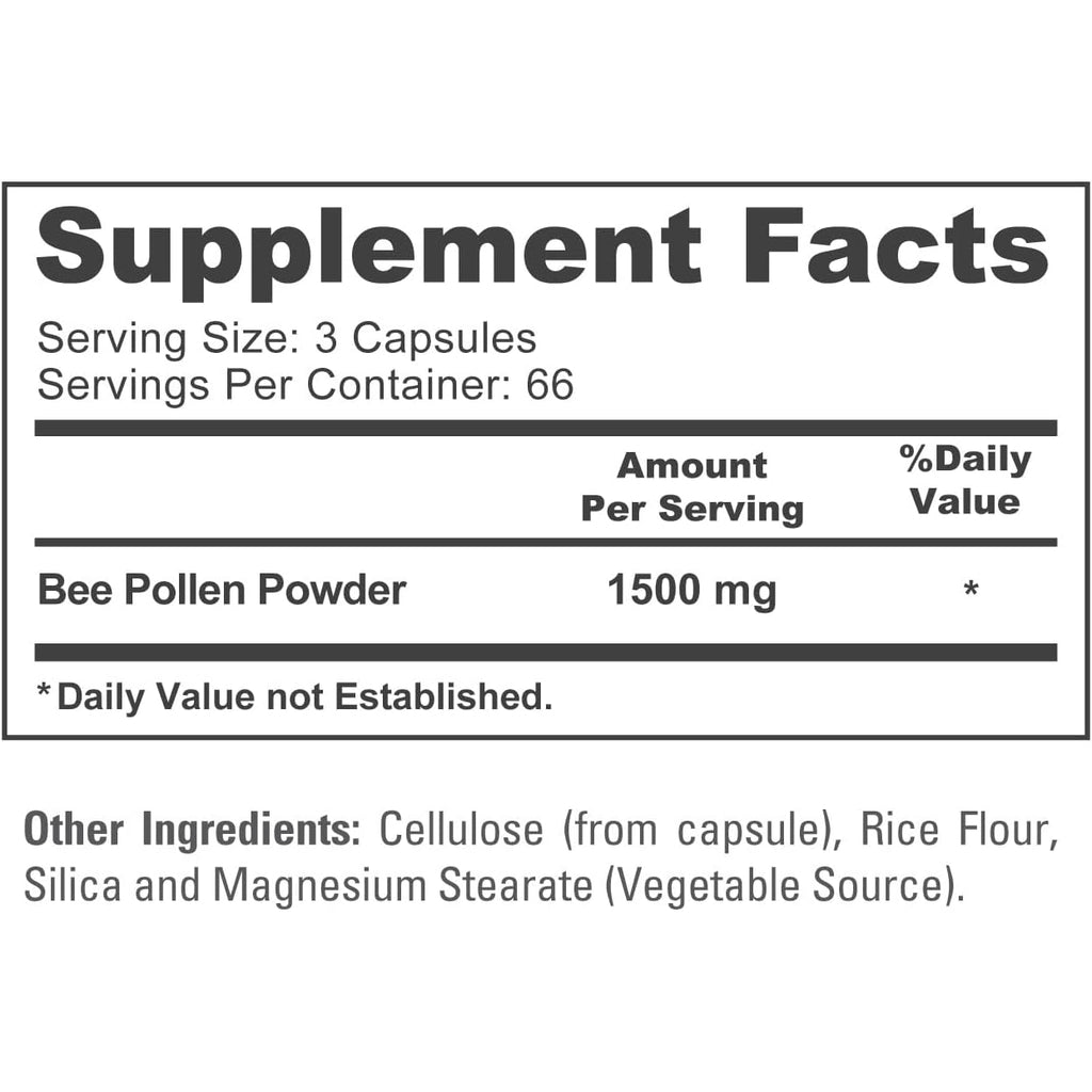 Nusapure Bee Pollen 1500Mg 200 Veggie Caps (100% Vegetarian, Non-Gmo, Vegan) Naturally Occurring Proteins, Aminoacids