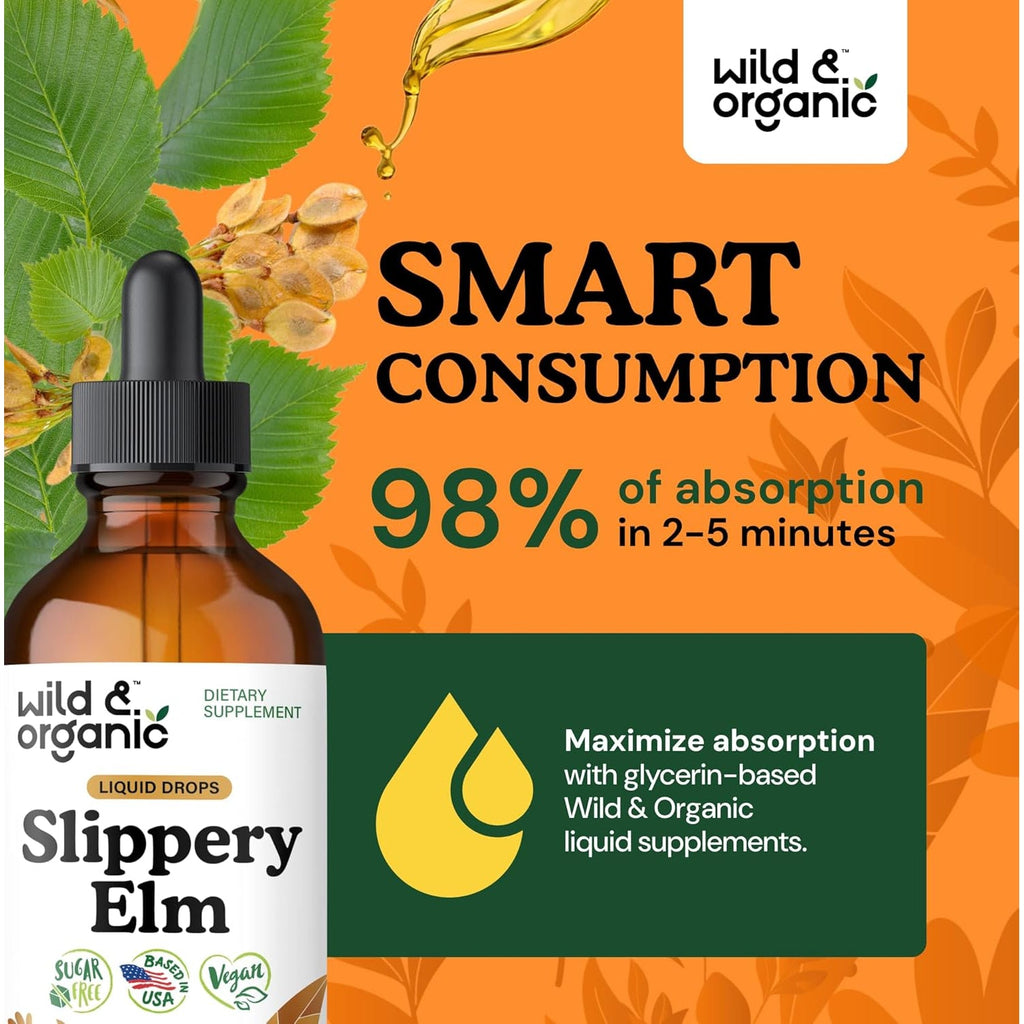 Wild & Organic Slippery Elm Liquid Drops - Lung, Digestive & Women'S Support - Slippery Elm Bark Supplement - Add to Tea Tincture - Ulmus Rubra Herb - Vegan, Sugar & Alcohol-Free - 4 Fl Oz