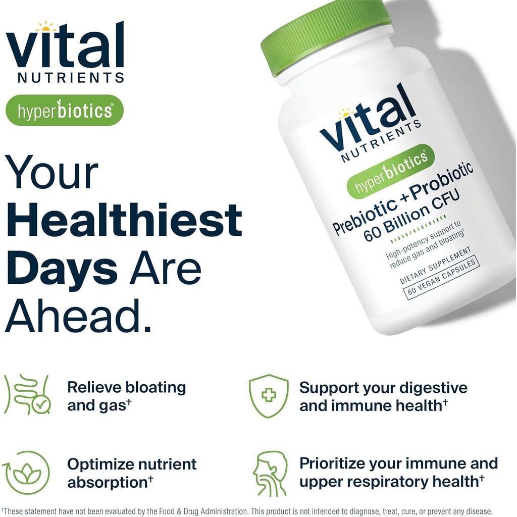 Hyperbiotics Vital Nutrients Prebiotic and Probiotic for Women and Men | 60 Billion CFU | Pre and Probiotics Supports Digestive Health, Constipation, Diarrhea, Gas & Bloating | 60 Vegan Capsules