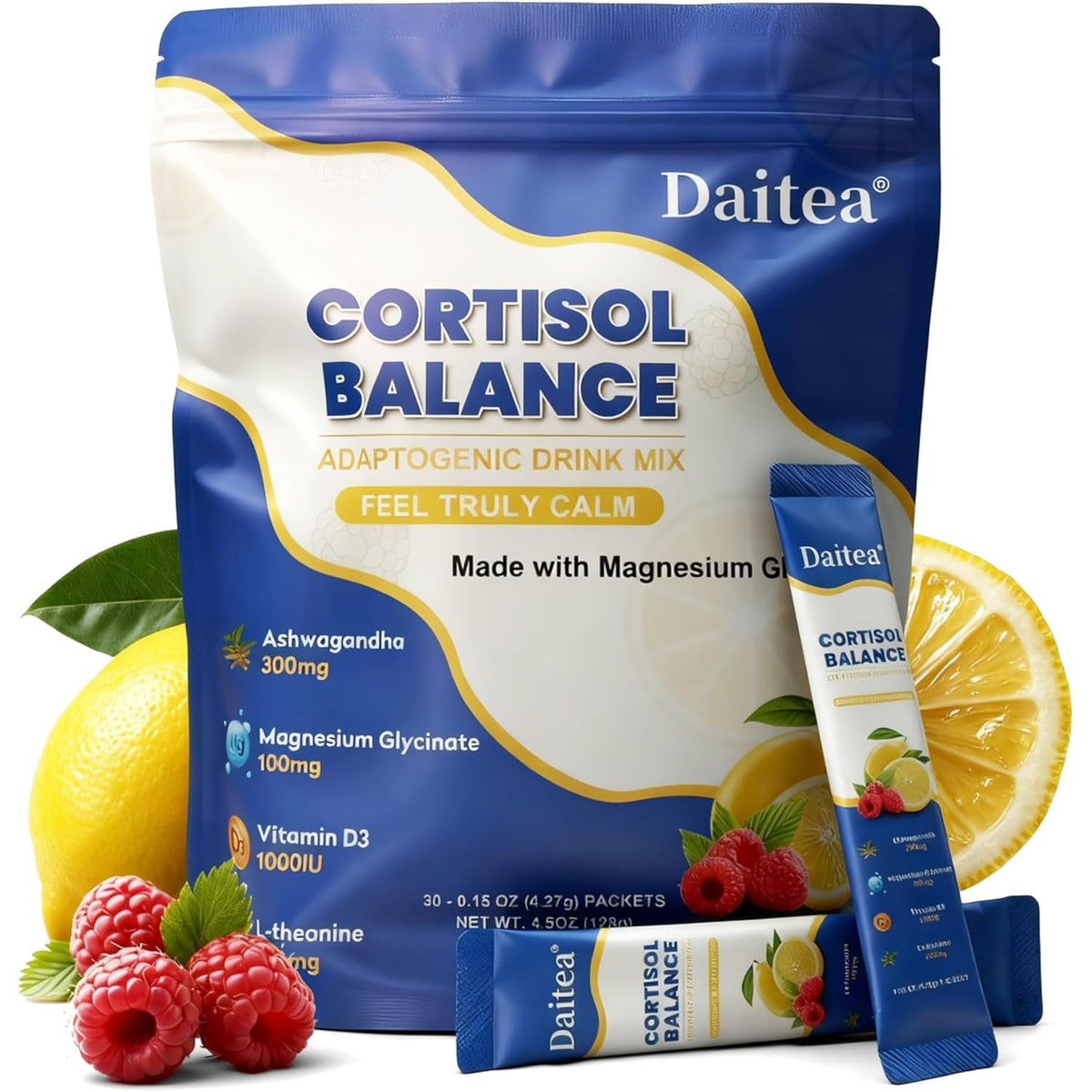 Cortisol Calm Drink Mix with Magnesium Glycinate Powder, L-Theanine, Vitamins, and Ashwagandha for Relaxation & Focus | Adaptogen Drink & Cortisol Support | 30 Packets (Raspberry & Lemon Flavor)