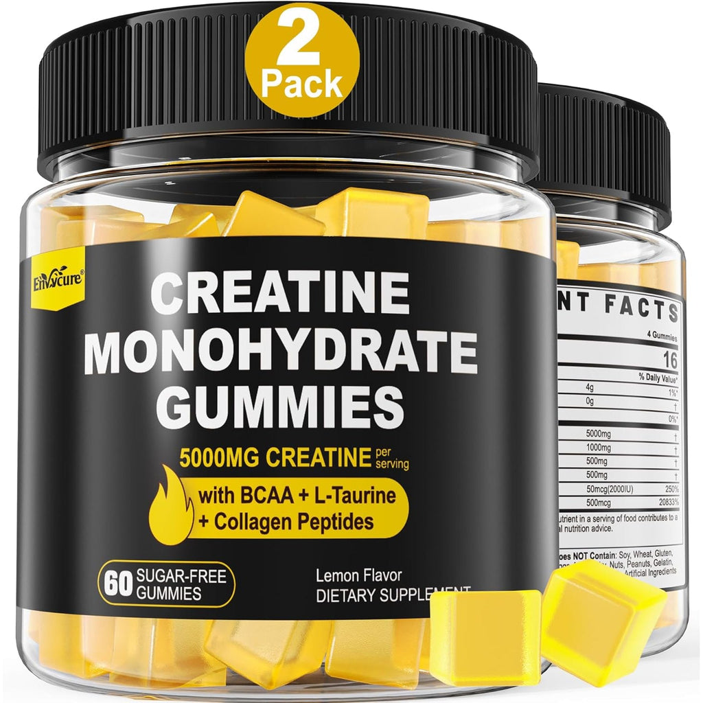 Creatine Monohydrate Gummies for Men & Women - with BCAA, Collagen Peptides, L-Taurine, Vitamin B12, D3, Chewables Creatine Monohydrate 5G per Serving, Natural Lemon Flavor, Sugar Free, 2 Pack