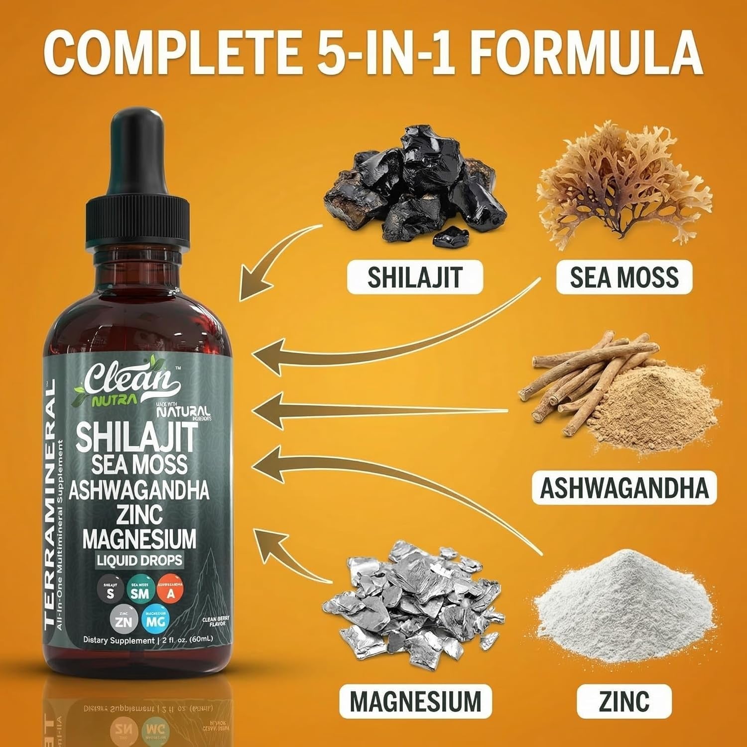 Clean Nutraceuticals Shilajit Drops Liquid | Shilajit Supplement for Men Women with Sea Moss Ashwagandha Zinc Magnesium Boron Fulvic Acid – Himalayan Shilajit Energy Vitality Stamina – 2Oz