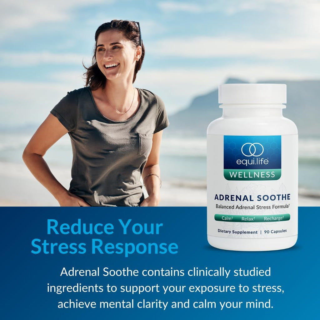 Equilife Adrenal Support Supplement with Ashwagandha and L-Theanine - Sleep & Cortisol Support, Mental Health Support, Supplements for Men & Women, Gluten Free, Vegan, Dairy Free, Non GMO, 90 Capsules