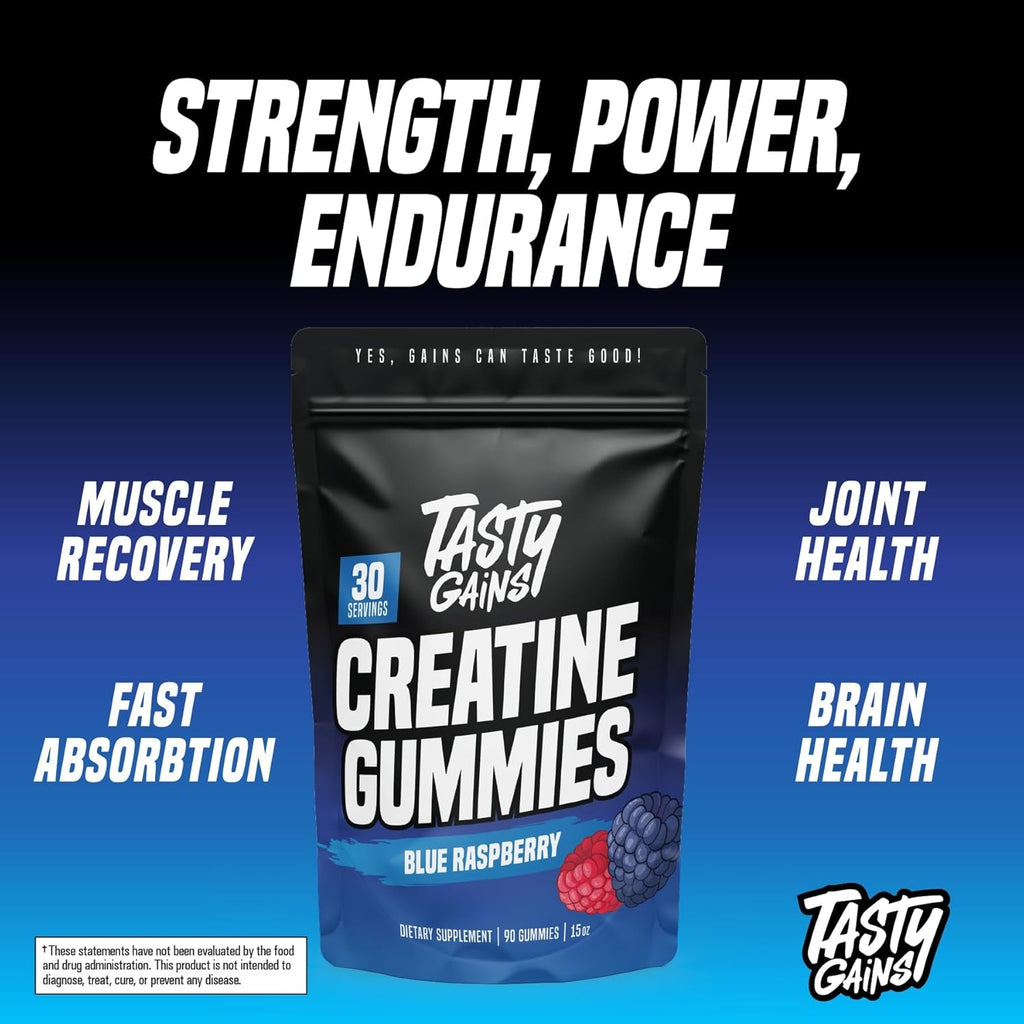 TASTY GAINS Creatine Gummies - 90G of Creatine Monohydrate - Workout Supplements - Build Muscle & Boost Strength for Men & Women - Made in USA - Non GMO - Vegan Friendly (Large, Blue Raspberry)